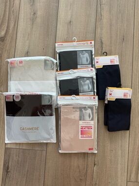 NWT 7 Uniqlo Heat Tech Cashmere Long Sleeve Shirts And Tights Bundle Lot Medium